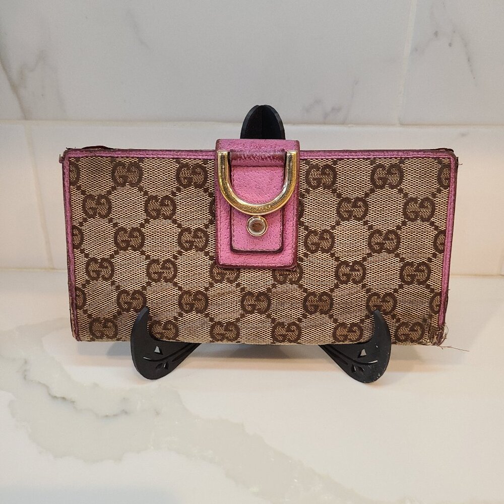 Vintage Gucci Abbey GG Horsebit Monogram Long Wallet Fuchsia Leather Trim Fair - Picture 1 of 15